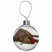 Chocolate Labrador with Red Rose Christmas Bauble
