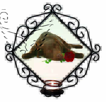 Chocolate Labrador with Red Rose Wrought Iron Wall Art Candle Holder