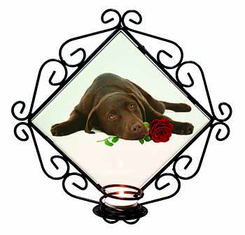 Chocolate Labrador with Red Rose Wrought Iron Wall Art Candle Holder