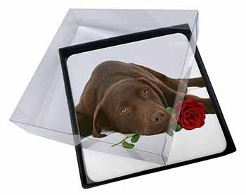 4x Chocolate Labrador with Red Rose Picture Table Coasters Set in Gift Box