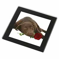 Chocolate Labrador with Red Rose Black Rim High Quality Glass Coaster