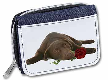 Chocolate Labrador with Red Rose Unisex Denim Purse Wallet