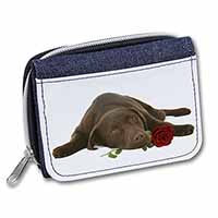 Chocolate Labrador with Red Rose Unisex Denim Purse Wallet