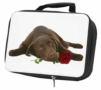 Chocolate Labrador with Red Rose Black Insulated School Lunch Box/Picnic Bag