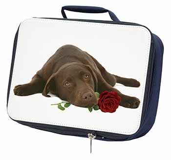 Chocolate Labrador with Red Rose Navy Insulated School Lunch Box/Picnic Bag