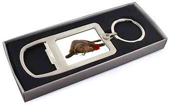 Chocolate Labrador with Red Rose Chrome Metal Bottle Opener Keyring in Box