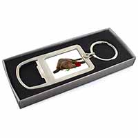 Chocolate Labrador with Red Rose Chrome Metal Bottle Opener Keyring in Box