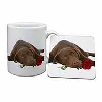 Chocolate Labrador with Red Rose Mug and Coaster Set