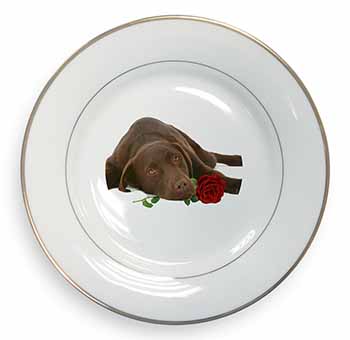 Chocolate Labrador with Red Rose Gold Rim Plate Printed Full Colour in Gift Box