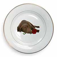 Chocolate Labrador with Red Rose Gold Rim Plate Printed Full Colour in Gift Box