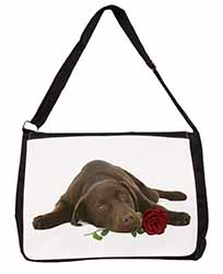 Chocolate Labrador with Red Rose Large Black Laptop Shoulder Bag School/College