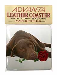 Chocolate Labrador with Red Rose Single Leather Photo Coaster