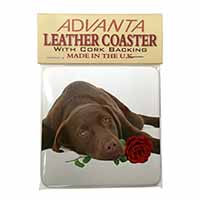 Chocolate Labrador with Red Rose Single Leather Photo Coaster