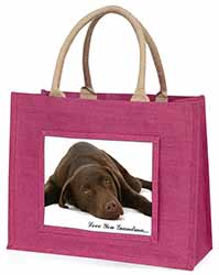 Chocolate Labrador Grandma Large Pink Jute Shopping Bag