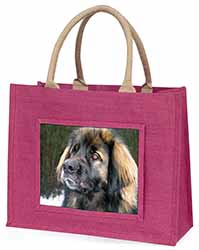 Black Leonberger Dog Large Pink Jute Shopping Bag