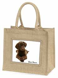 Chocolate Labrador Dog Love Natural/Beige Jute Large Shopping Bag