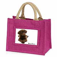 Chocolate Labrador Dog Love Little Girls Small Pink Jute Shopping Bag