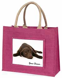 Chocolate Labrador Dog Love Large Pink Jute Shopping Bag
