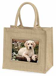 Yellow Labrador Puppy Natural/Beige Jute Large Shopping Bag