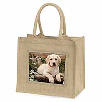 Yellow Labrador Puppy Natural/Beige Jute Large Shopping Bag