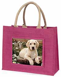 Yellow Labrador Puppy Large Pink Jute Shopping Bag