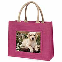 Yellow Labrador Puppy Large Pink Jute Shopping Bag