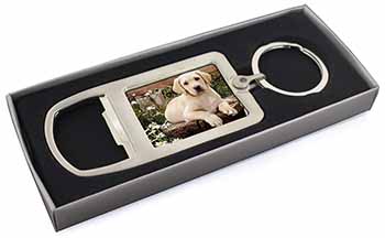 Yellow Labrador Puppy Chrome Metal Bottle Opener Keyring in Box