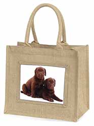 Chocolate Labrador Puppy Dogs Natural/Beige Jute Large Shopping Bag