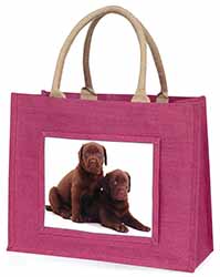 Chocolate Labrador Puppy Dogs Large Pink Jute Shopping Bag