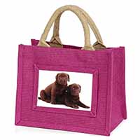 Chocolate Labrador Puppy Dogs Little Girls Small Pink Jute Shopping Bag
