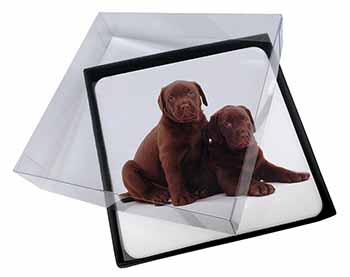 4x Chocolate Labrador Puppy Dogs Picture Table Coasters Set in Gift Box
