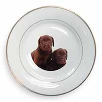 Chocolate Labrador Puppy Dogs Gold Rim Plate Printed Full Colour in Gift Box