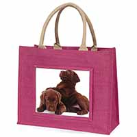 Chocolate Labrador Puppies Large Pink Jute Shopping Bag