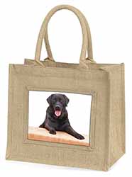 Black Labrador Dog Natural/Beige Jute Large Shopping Bag