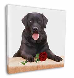 Black Labrador with Red Rose Square Canvas 12"x12" Wall Art Picture Print