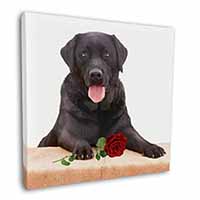 Black Labrador with Red Rose Square Canvas 12"x12" Wall Art Picture Print