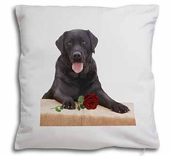 Black Labrador with Red Rose Soft White Velvet Feel Scatter Cushion