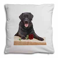 Black Labrador with Red Rose Soft White Velvet Feel Scatter Cushion