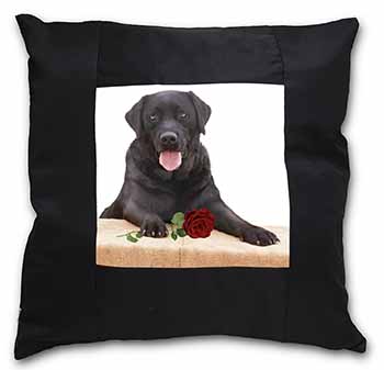 Black Labrador with Red Rose Black Satin Feel Scatter Cushion