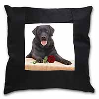 Black Labrador with Red Rose Black Satin Feel Scatter Cushion