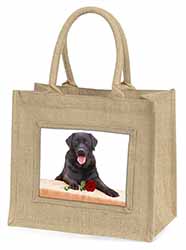 Black Labrador with Red Rose Natural/Beige Jute Large Shopping Bag