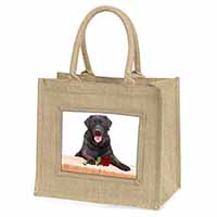Black Labrador with Red Rose Natural/Beige Jute Large Shopping Bag
