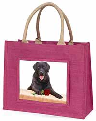 Black Labrador with Red Rose Large Pink Jute Shopping Bag