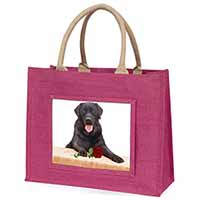 Black Labrador with Red Rose Large Pink Jute Shopping Bag