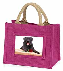 Black Labrador with Red Rose Little Girls Small Pink Jute Shopping Bag