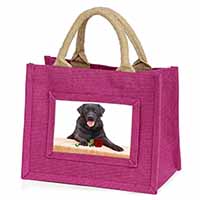 Black Labrador with Red Rose Little Girls Small Pink Jute Shopping Bag