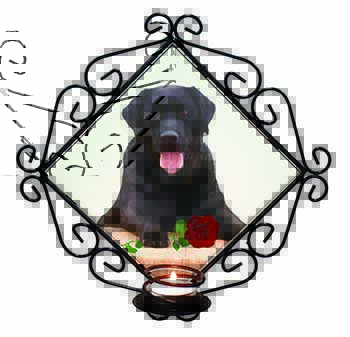 Black Labrador with Red Rose Wrought Iron Wall Art Candle Holder