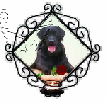 Black Labrador with Red Rose Wrought Iron Wall Art Candle Holder