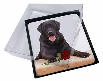 4x Black Labrador with Red Rose Picture Table Coasters Set in Gift Box