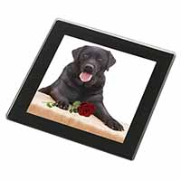 Black Labrador with Red Rose Black Rim High Quality Glass Coaster
